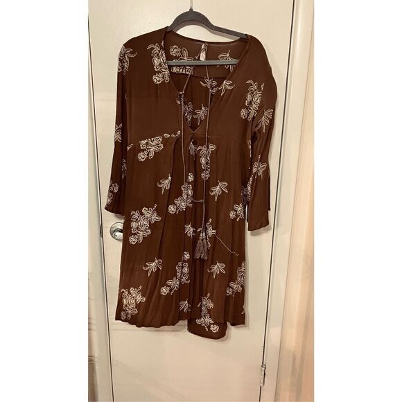 Three Little Birds Cotton Gauze Brown Boho Dress Size L - Picture 7 of 9